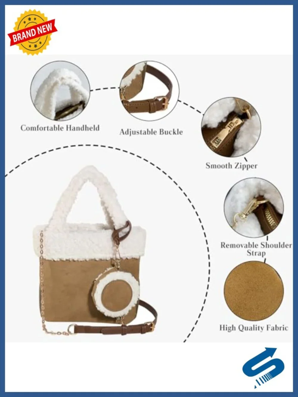 Women's Suede and Lamb Wool Tote Handbag with Adjustable Strap